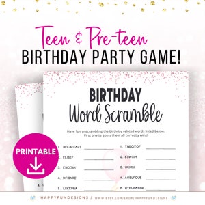 Birthday Word Scramble Game Printable Word Scramble with Answer, Pink Slumber Party, Tween Birthday Games, Teen Girl Games, Preteen Birthday