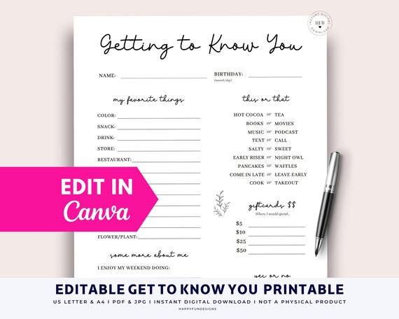 Editable Getting to Know You Printable, LDS Young Womens Ministry Secret Sister, All About Me Favorite Things, Get to Know Coworker Survey