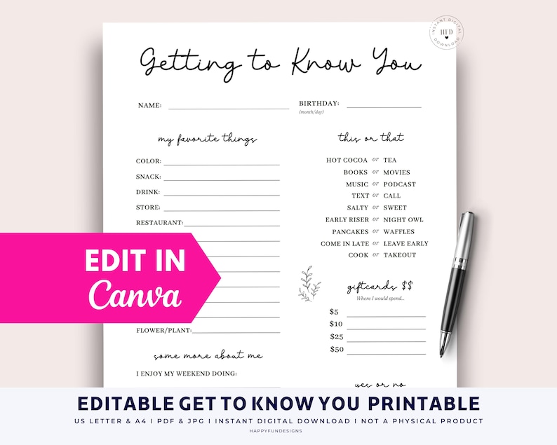 Editable Getting to Know You Printable, LDS Young Womens Ministry Secret Sister, All About Me Favorite Things, Get to Know Coworker Survey image 1