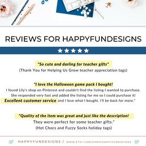 May include: Five-star reviews for HappyFundesigns Etsy shop.  Reviews highlight the quality of the items, fast shipping, and excellent customer service.  One review mentions a Halloween game pack and another mentions teacher appreciation tags.