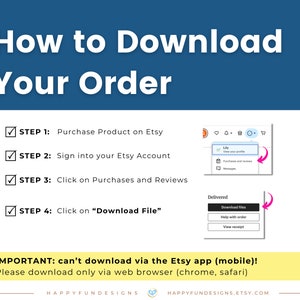 Puede incluir: Un gr&aacute;fico amarillo y blanco con una lista de verificaci&oacute;n de cuatro pasos sobre c&oacute;mo descargar una compra digital de Etsy. Los pasos incluyen comprar un producto, iniciar sesi&oacute;n en tu cuenta de Etsy, hacer clic en compras y rese&ntilde;as, y hacer clic en "Descargar archivo". El gr&aacute;fico tambi&eacute;n incluye una advertencia de que no puedes descargar a trav&eacute;s de la aplicaci&oacute;n Etsy (m&oacute;vil) y que debes descargar solo a trav&eacute;s de un navegador web (Chrome, Safari).