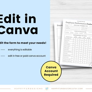May include: A black and white printable employee performance evaluation form with text that says "Employee Performance Evaluation". The form is designed to be edited in Canva, a free online design platform.