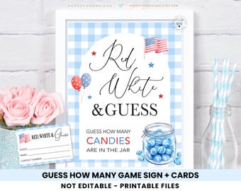Red White And Guess Game Printable, Guess How Many Candy Game Sign Cards, 250 Anniversary Game, 4th of July Guess How Many Birthday Girl Boy