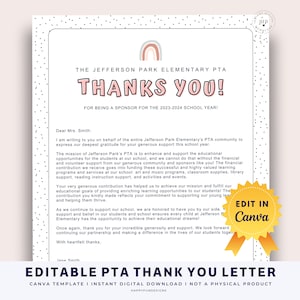 Gracias por la recaudación de fondos de la escuela, agradecimiento de la PTA PTO, carta de agradecimiento de donación editable, fin de año de la PTA, presidente de la pta, folleto editable de la pta pto