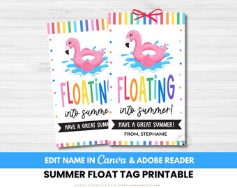 Editable Floating Into Summer Tag Printable PTA End of School Year Pool Party Summer Break Favor Goodbye School Hello Pool Float Teacher Tag