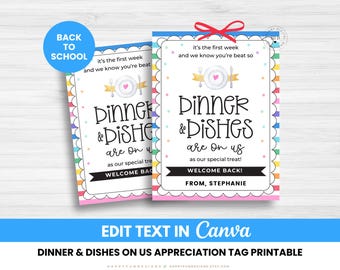 Editable Dinner And Dishes On Us Tag Printable, Teacher Gift Paper Plates, PTA PTO Thank You Teacher Back to School Happy First Week School