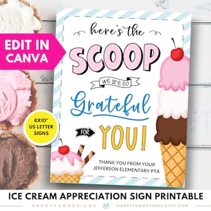 Helado editable Aquí está la primicia Semana de agradecimiento a los maestros y enfermeras imprimible, Barra de postres de helado para maestros, Agradecimiento de la PTA y la PTO, Golosinas de la PTA