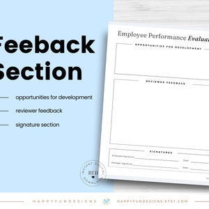 May include: Printable employee performance evaluation form with sections for opportunities for development, reviewer feedback, and signatures. The form has a black and white design.