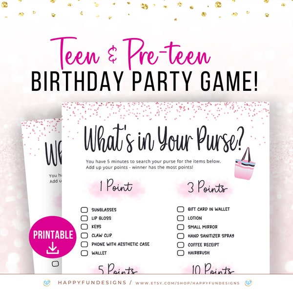 What's In Your Purse Teen Girl Birthday Game, Printable Party Game for Teen, Pink Slumber Party, Tween Birthday Party Idea, Teen Girl Games