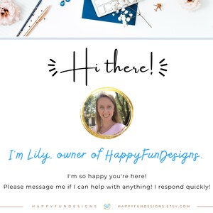 Puede incluir: Una mujer sonr&iacute;e en una foto de retrato con un c&iacute;rculo dorado a su alrededor. El texto "Hi there!" est&aacute; por encima de su foto. El texto "I'm Lily, owner of HappyFunDesigns." est&aacute; debajo de su foto. El texto "I'm so happy you're here! Please message me if I can help with anything! I respond quickly!" est&aacute; debajo del texto. El texto "HAPPYFUNDESIGNS" y "HAPPYFUNDESIGNS.ETSY.COM" est&aacute;n en la parte inferior de la imagen.