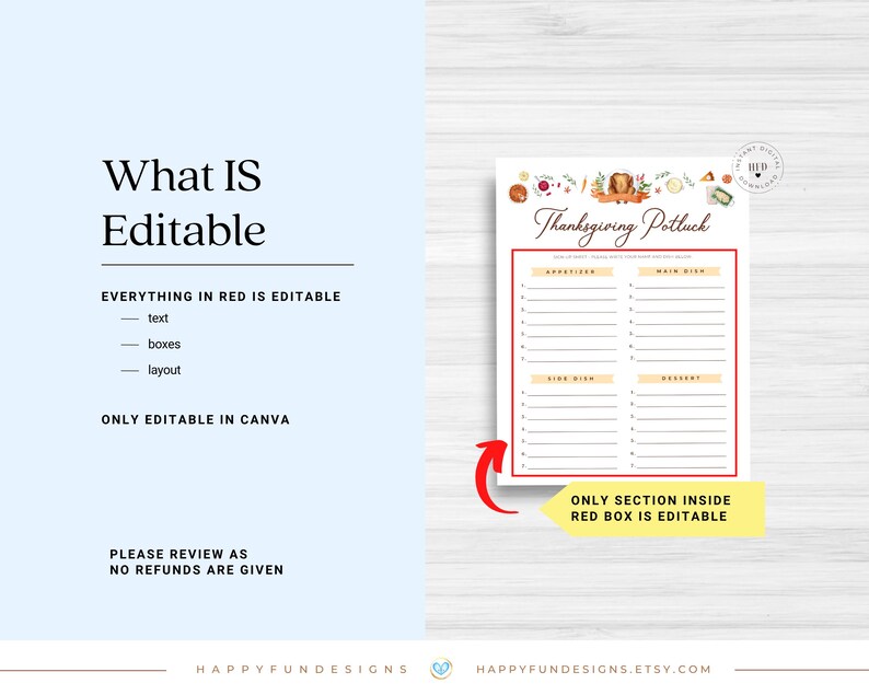 Editable Thanksgiving Potluck Sign Up Sheet Printable, Office Holiday Potluck, Church Potluck, Block Party Fall Potluck School Sign Up Sheet image 3