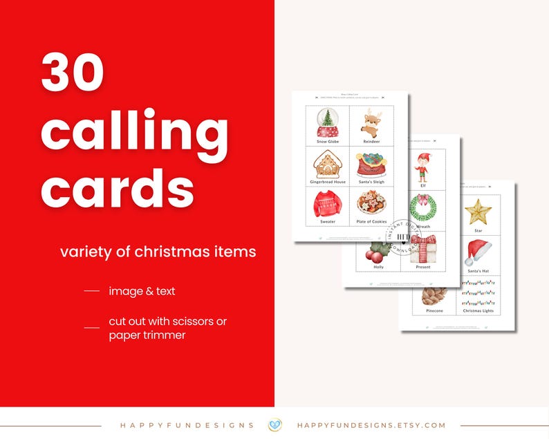 May include: A set of 30 printable Christmas calling cards featuring a variety of Christmas items, such as a gingerbread house, a snowman, a wreath, and a stocking. The cards are designed to be cut out and used for a Christmas game or activity.