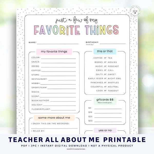Teacher Favorite Things Form, Get to Know Teacher Printable, Favorite Things List, All About Me Coworker Questionnaire, Team Building Survey