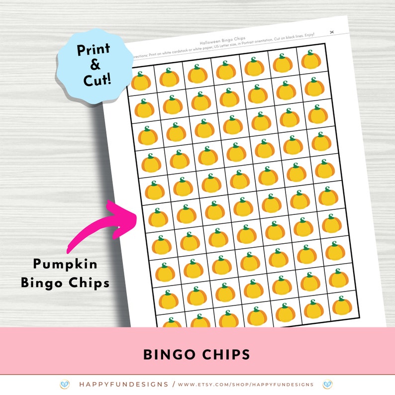 May include: Printable sheet of 49 orange and green pumpkin bingo chips. The sheet is titled "Halloween Bingo Chips" and has instructions to print on white cardstock or white paper, cut on black lines, and enjoy.