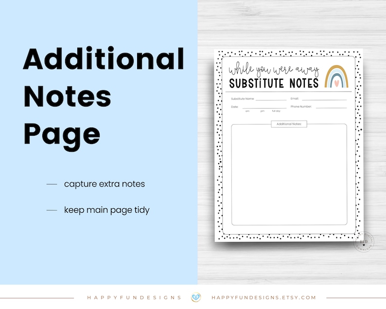 An additional notes page is included with the Substitute Notes Template. The additional page allows you to capture extra notes and keeps your main page tidy. Shop at happyfundesigns.etsy.com.