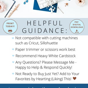 May include: A digital download guide for printable designs. The guide recommends using a paper trimmer or scissors to cut the designs and suggests using heavy white cardstock. The guide also includes a link to the Etsy shop, happyfundesigns.