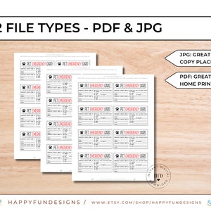 May include: Printable pet emergency cards in black and white with red accents. The cards have spaces for pet information, owner information, and emergency contact information. The text on the cards reads "Pet Emergency Card".