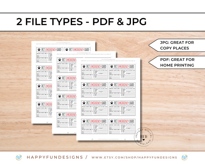 May include: Printable pet emergency cards in black and white with red accents. The cards have spaces for pet information, owner information, and emergency contact information. The text on the cards reads "Pet Emergency Card".