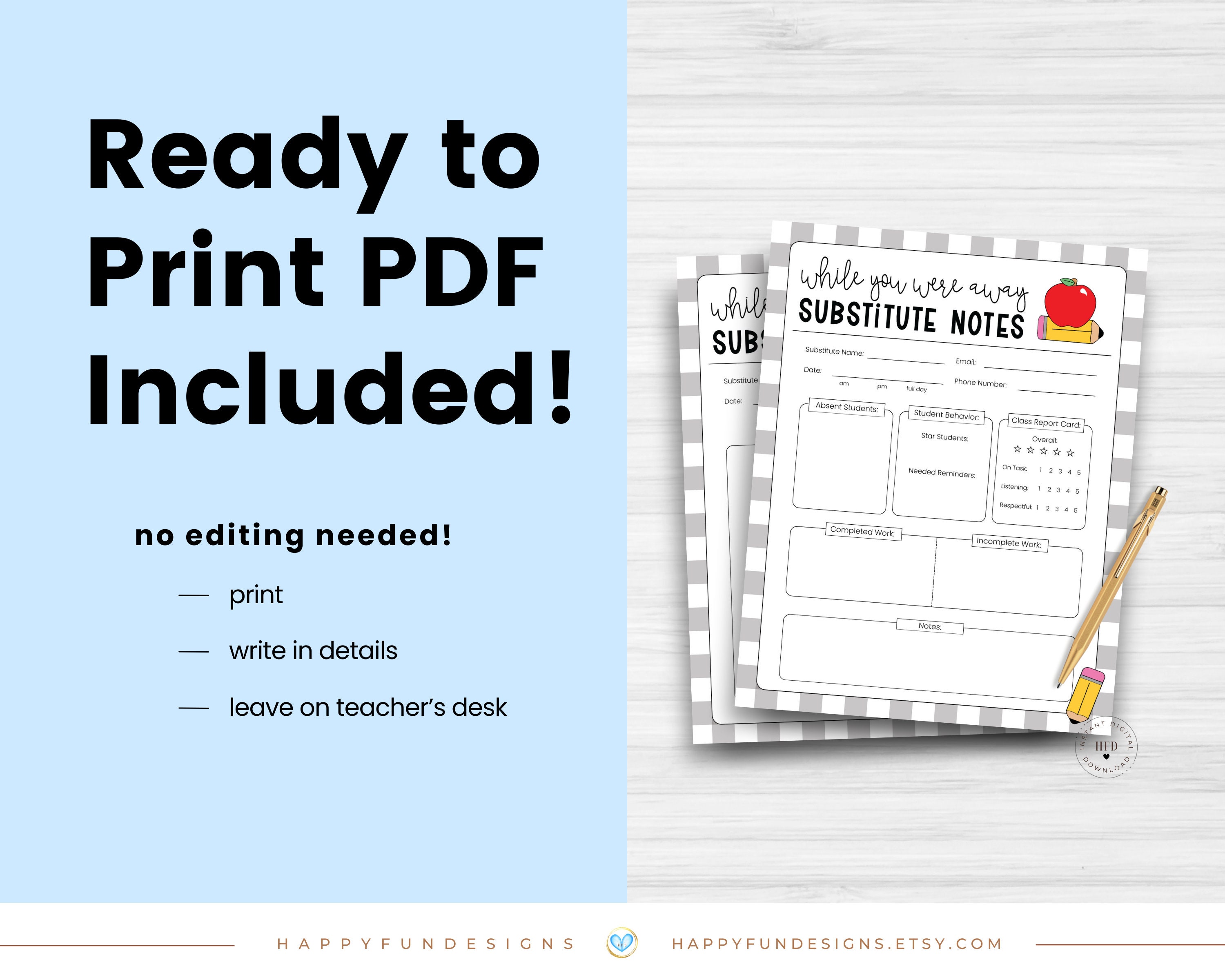 Substitute Teacher Note Template Editable, While You Were Away ...