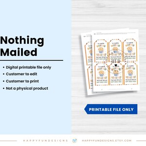 May include: Digital printable file with the text "Nothing Mailed". The file includes gift tags with a muffin graphic and the text "We couldn't do it without you! Happy Nurse's Week". The file is for customer editing and printing.