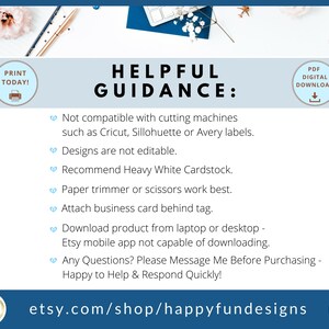 Pu&ograve; includere: Una grafica blu e bianca con il testo "HELPFUL GUIDANCE:" e un elenco di istruzioni per l'utilizzo di download digitali stampabili. Il testo include "Non compatibile con macchine da taglio come Cricut, Silhouette o etichette Avery." e "I design non sono modificabili."