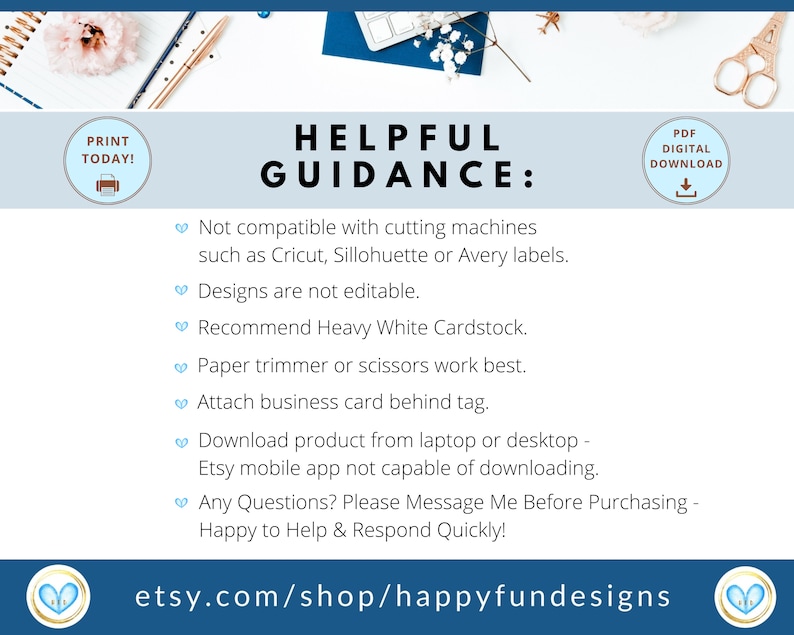 Pu&ograve; includere: Una grafica blu e bianca con il testo "HELPFUL GUIDANCE:" e un elenco di istruzioni per l'utilizzo di download digitali stampabili. Il testo include "Non compatibile con macchine da taglio come Cricut, Silhouette o etichette Avery." e "I design non sono modificabili."