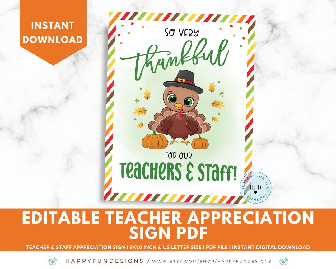 Editable Thanksgiving Teacher Appreciation Sign Printable, Turkey ...