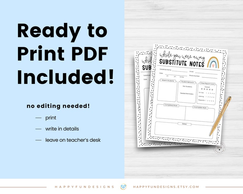There is a Substitute Notes Template ready to print pdf file included. No editing needed. Shop at happyfundesigns.etsy.com.