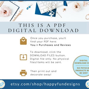 May include: A digital download graphic with a blue background and white text. The text reads "This is a PDF Digital Download".  The graphic includes instructions on how to download the PDF file and a note that no physical products will be sent.