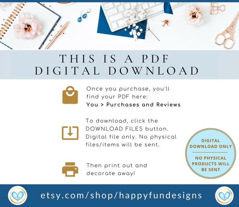 May include: A digital download graphic with a blue background and white text. The text reads "This is a PDF Digital Download".  The graphic includes instructions on how to download the PDF file and a note that no physical products will be sent.