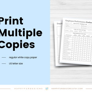 May include: Black and white printable employee performance evaluation form with sections for employee information, type of evaluation, performance ratings, and overall rating. The form is designed for printing on standard US letter size paper.