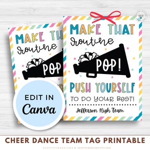 Edytowalny zespół cheerleaderek, zespół taneczny, etykieta smakołyków do wydrukowania, zmobilizuj się, stwórz tę rutynę, etykieta dnia gry Pop Candy, powodzenia w zawodach