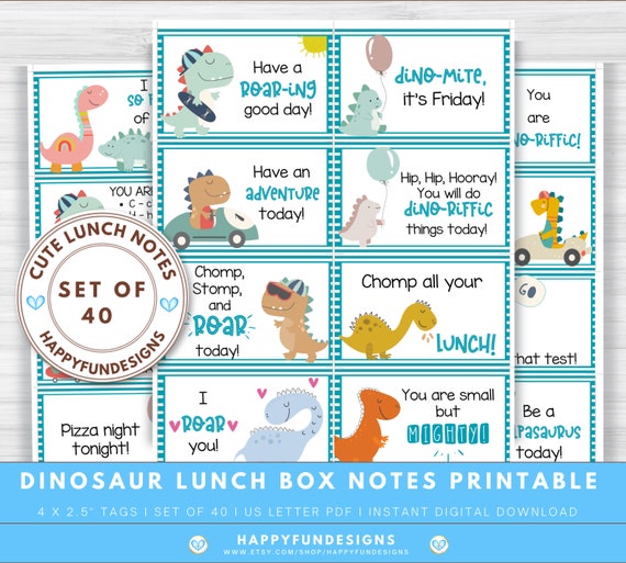 Lunch Notes for Kids Printable, Back to School Notes, 40 Dinosaur Boys Lunch Box Notes, Encouragement Cards, Notes from Mom, Notes from Dad