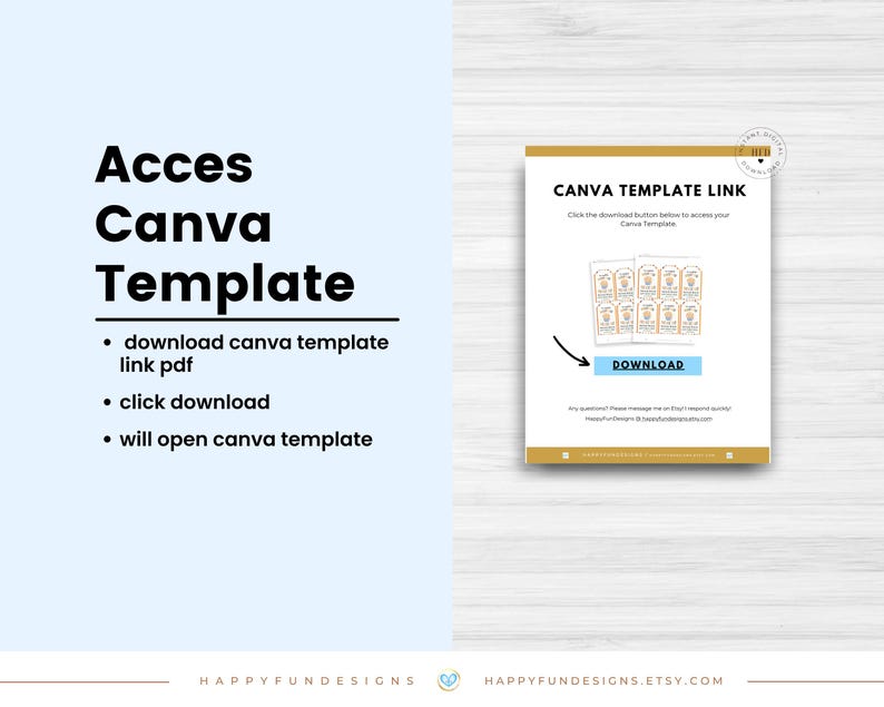 May include: A digital Canva template download with the text "Acces Canva Template." The image includes instructions: download Canva template link PDF, click download, and will open Canva template. A separate section says "Canva Template Link" with a download button.