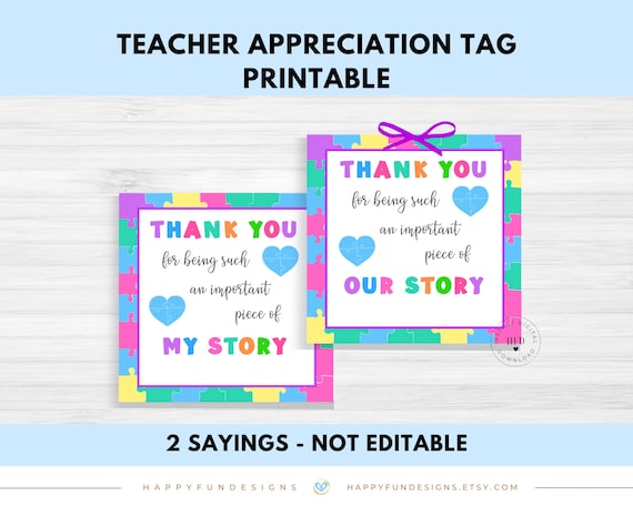 Teacher Appreciation Gift Tags Printable, Thank You for Being a Piece of My Story Tags, Teacher Day Thank You Tags, Puzzle Gift Tags, PDF