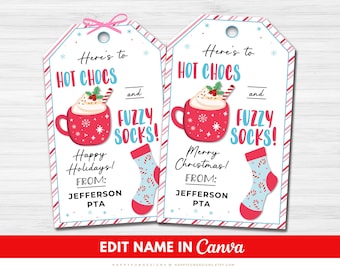 Etiqueta de regalo imprimible de chocolate caliente y calcetines suaves, etiqueta para calcetines navideños, etiqueta de regalo de chocolate caliente, etiqueta de agradecimiento de la PTA para maestros, personal y enfermeras
