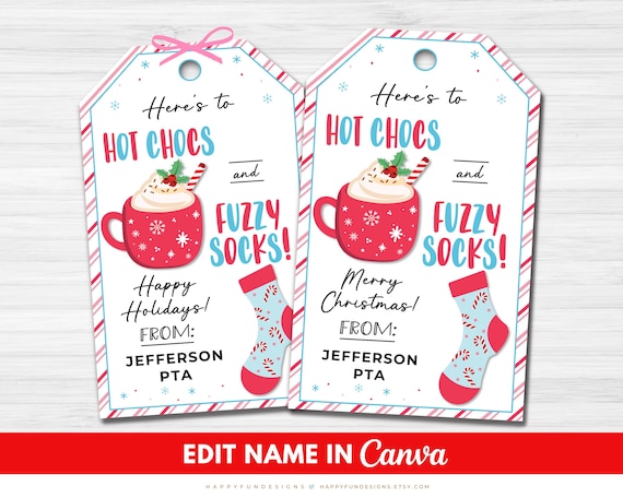 Hot Chocs and Fuzzy Socks Gift Tag Printable, Christmas Socks Tag, Hot Cocoa Gift Tag, PTA Thank You Teacher Staff Nurse Appreciation Tag