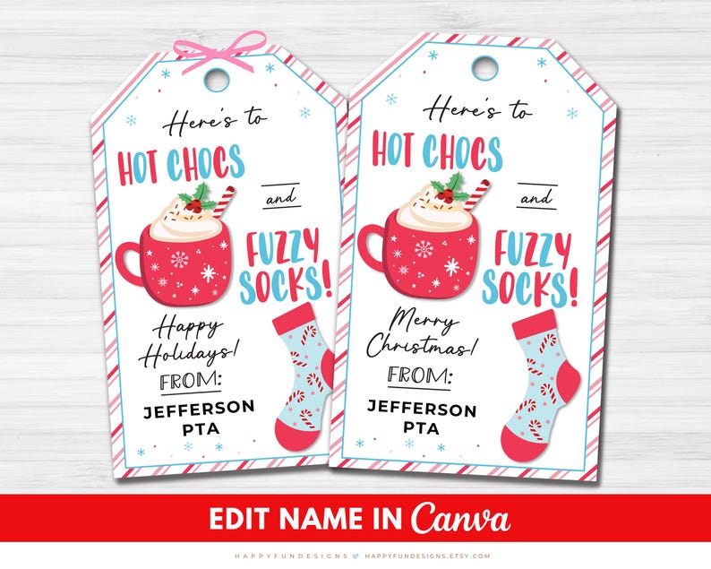 Hot Chocs and Fuzzy Socks Gift Tag Printable, Christmas Socks Tag, Hot Cocoa Gift Tag, PTA Thank You Teacher Staff Nurse Appreciation Tag image 1