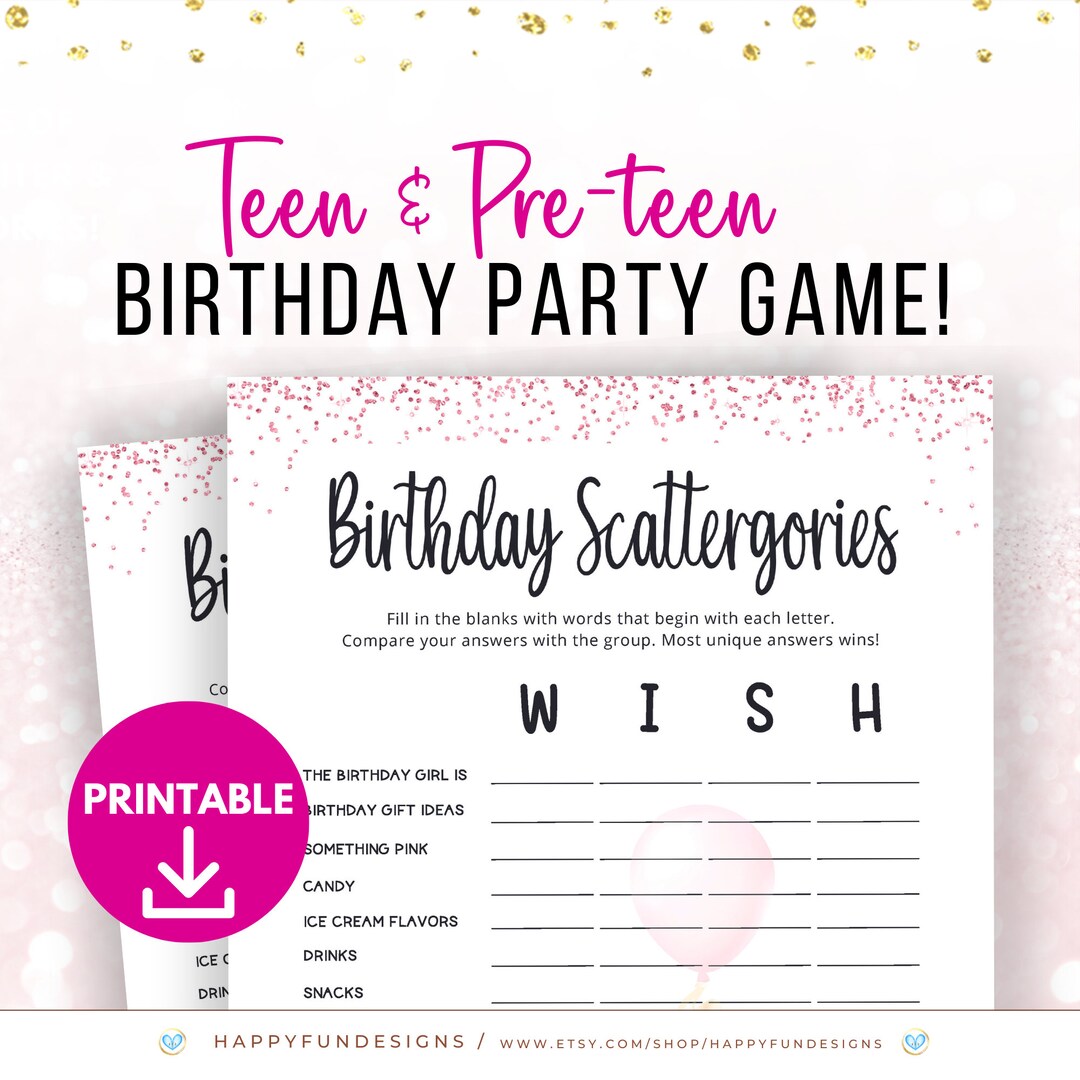 Birthday Scattergories Game Printable, Teen Birthday Games Girl ...