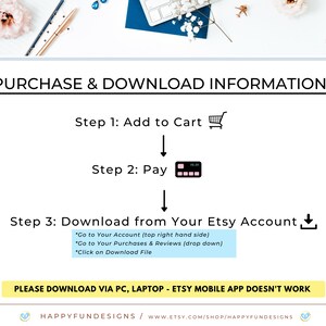 May include: A graphic with instructions on how to purchase and download digital items from Etsy. The steps include adding to cart, paying, and downloading from your Etsy account. The graphic also includes a note that downloading via a PC or laptop is recommended, as the Etsy mobile app does not work for downloading digital items.