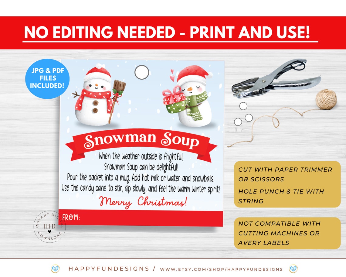 Snowman soup tag printable snowman soup topper treat bag etsy