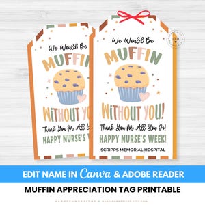 May include: Two printable muffin appreciation tags. The tags have a white background with an orange border and a cartoon muffin graphic. Text includes "We Would Be MUFFIN Without You!" and "Happy Nurse's Week!"