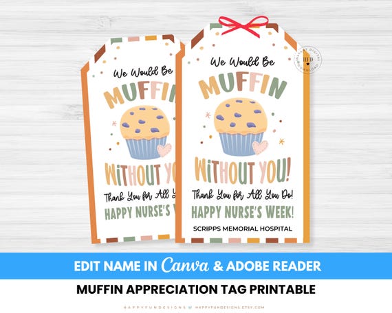 Happy Nurses Week Tag, Nurse's Week Printable, We Would Be Muffin Without You, Printable Nurses Week Gift, Breakfast Appreciation Printable