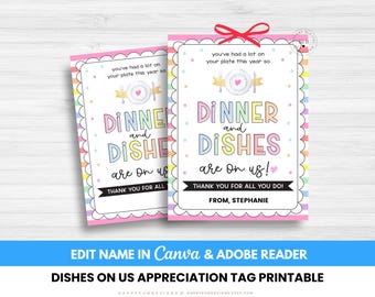 Editable Dinner And Dishes On Us Teacher Tag Printable, Teacher Gift Paper Plates, PTA PTO Thank You Teacher Appreciation Week, End of Year