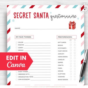 Editable School Secret Santa Questionnaire Form Printable, Church Staff Secret Santa Survey All About Me Office Gift Exchange Team Building