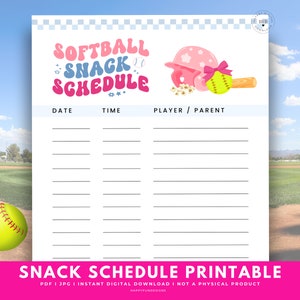Puede incluir: Plantilla de horario de refrigerios de softball imprimible con un esquema de color rosa y azul. El horario tiene columnas para la fecha, la hora y el jugador/padre. La imagen incluye una pelota de softball, un casco rosa y un bate.