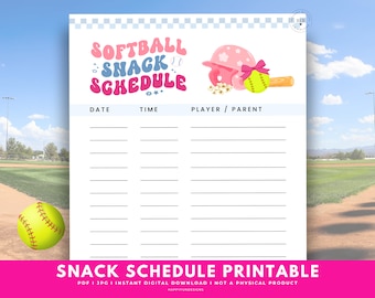 Programma degli spuntini per softball, foglio di iscrizione stampabile per gli spuntini presso il chiosco di softball, iscrizione agli spuntini per il giorno della partita, elenco degli spuntini per softball, mamma della squadra di softball