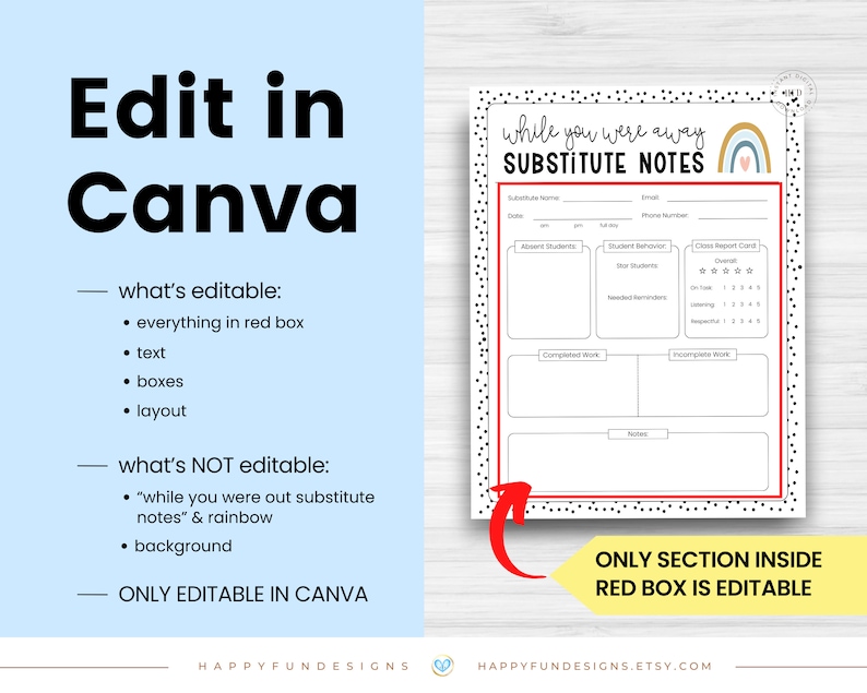 This picture shows what parts of the Substitute Note Template is editable in Canva. Shop at happyfundesigns.etsy.com.
