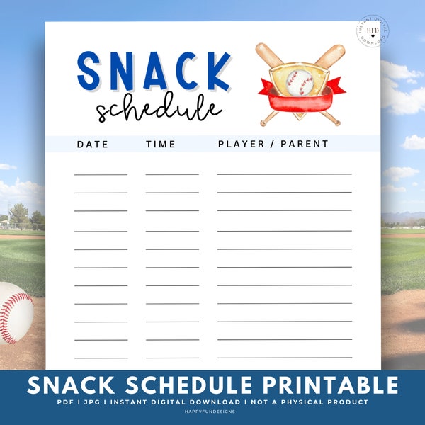 Baseball Snack Schedule Printable, Baseball Concessions Snack Sign up Sheet, Baseball Treat Bags, Tball Snack List, Baseball Team Mom Binder