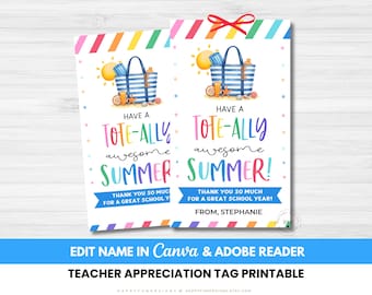 Etichetta estiva stampabile e modificabile "Tote-ally Awesome", tema Settimana di apprezzamento estivo per gli insegnanti, borsa di ringraziamento per la fine dell'anno scolastico e le vacanze estive del PTA (Associazione Genitori e Insegnanti).